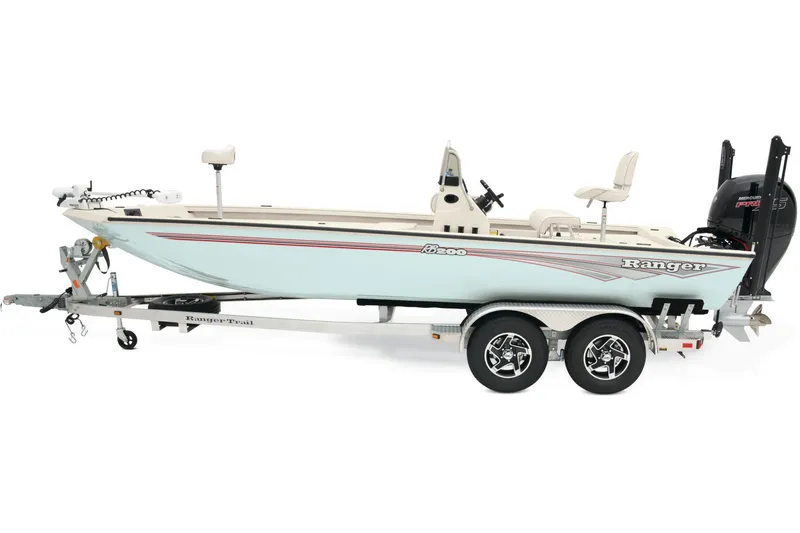 Slide: The Image of 2026 Ranger RB200 boat with Mercury Pro XS engine, camo design, parked outdoors. - 4