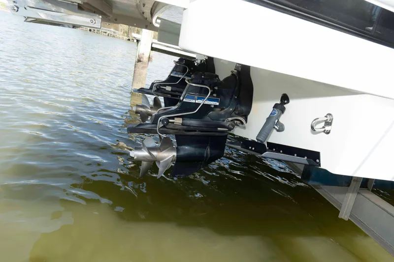 Slide: The Image of 2019 Formula 34 Performance Cruiser's dual propellers in water, showcasing powerful marine engineering. - 28