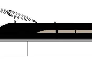 Slide: The Image of 2026 Bentley Pontoons Legacy 223 Swingback in showroom, featuring sleek black and beige design. - 2