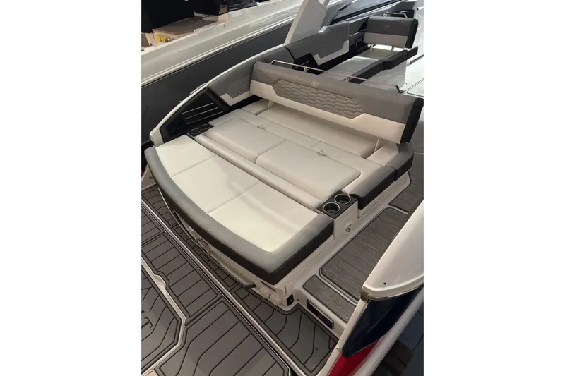 Slide: The Image of 2021 Cobalt A29 boat interior with luxurious seating and modern design. - 12
