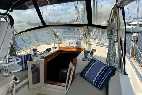 Slide: The Image of Interior view of 2005 Island Packet 445 sailboat with comfortable seating area. - 28