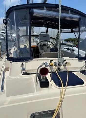 Slide: The Image of 2005 Island Packet 445 sailboat cockpit view in harbor. - 31