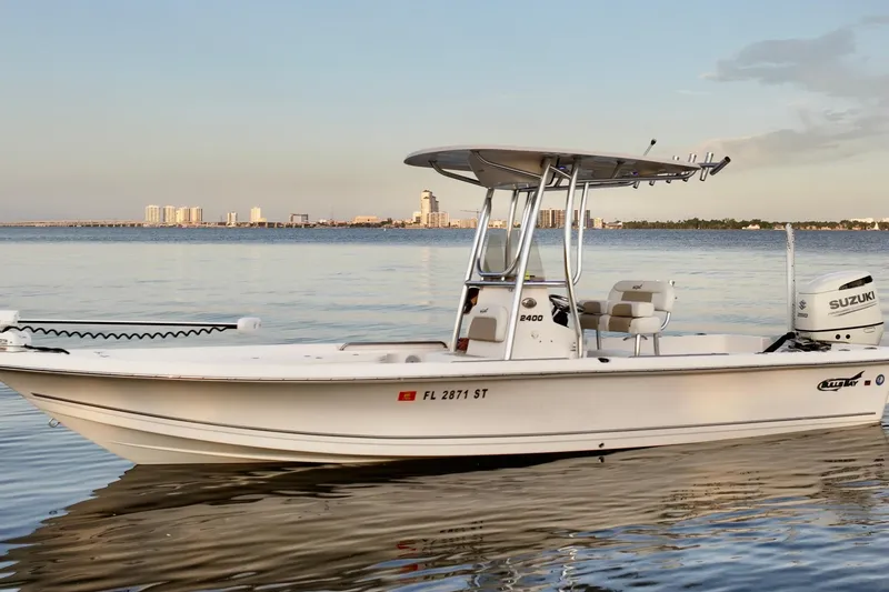 The Image of 2020 Bulls Bay 2400 boat on calm water with city skyline in background. - 0