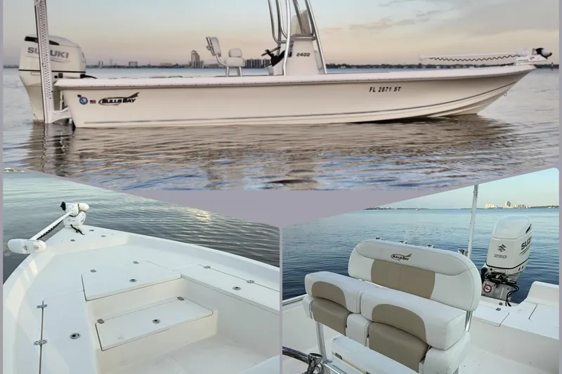 Slide: The Image of 2020 Bulls Bay 2400 boat on water, featuring Suzuki engine and spacious seating. - 3