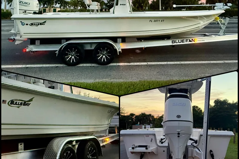 Slide: The Image of 2020 Bulls Bay 2400 boat on trailer, featuring Suzuki engine and sleek design. - 42