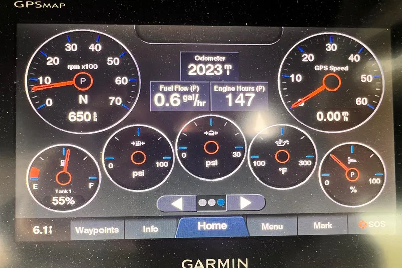 Slide: The Image of Dashboard of 2021 Regal 26 XO boat showing gauges and navigation data. - 25