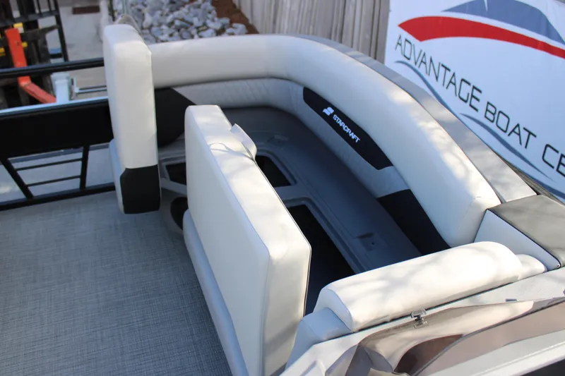 Slide: The Image of 2026 Starcraft VX 22 R DH boat interior with cushioned seating at Advantage Boat Center. - 19