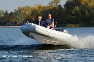 Slide: The Image of 2026 Gala A360HL boat with Yamaha 40HP engine speeding on a lake. - 10