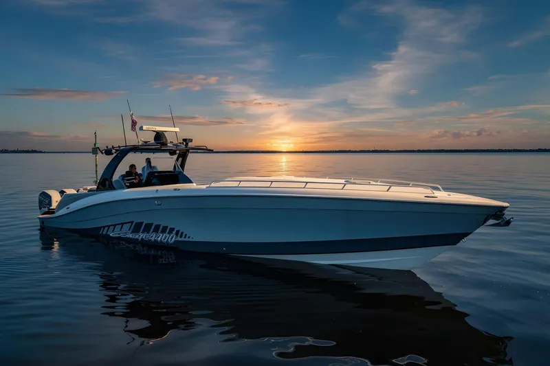 Slide: The Image of 2010 Concept 4400 Sport Yacht cruising at sunset on calm waters. - 78