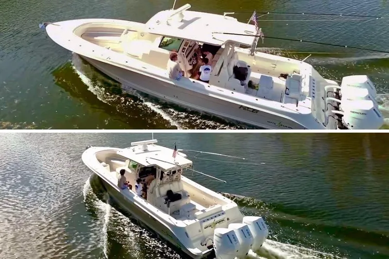 The Image of 2018 HCB 39 Speciale boat cruising on water, featuring multiple outboard engines. - 0