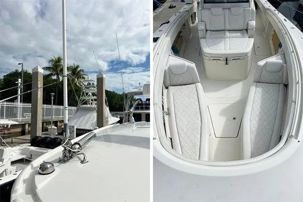 Slide: The Image of 2018 Hydra-Sports 3000 CC boat with white seating and docked at marina. - 22
