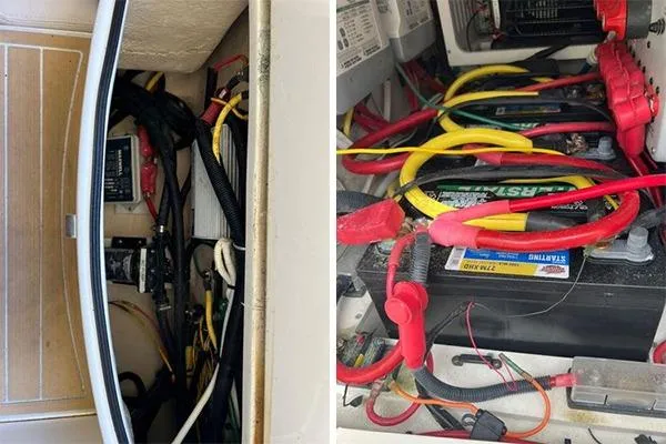 Slide: The Image of Electrical wiring and battery setup in a 2018 Hydra-Sports 3000 CC boat. - 24