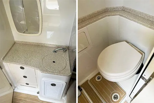 Slide: The Image of 2018 Hydra-Sports 3000 CC boat bathroom with sink and toilet, featuring modern design. - 28