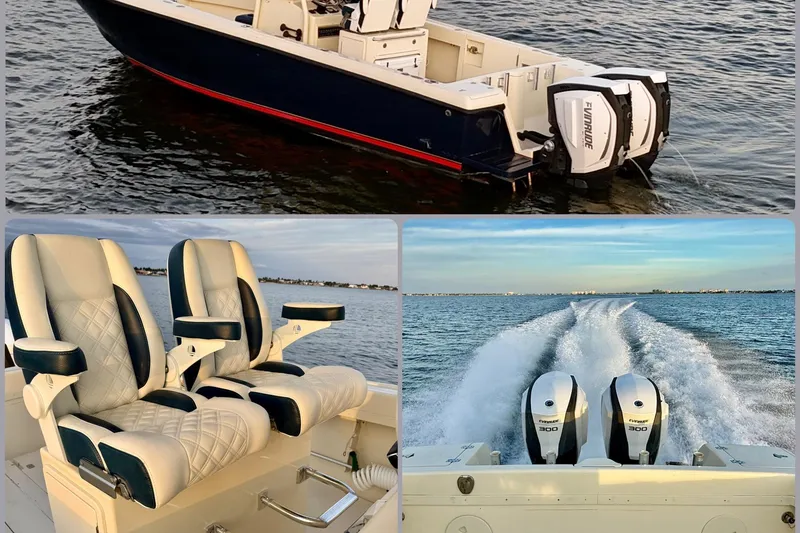 Slide: The Image of 2003 Intrepid 289 Center Console boat with Evinrude engines and luxurious seating on water. - 12