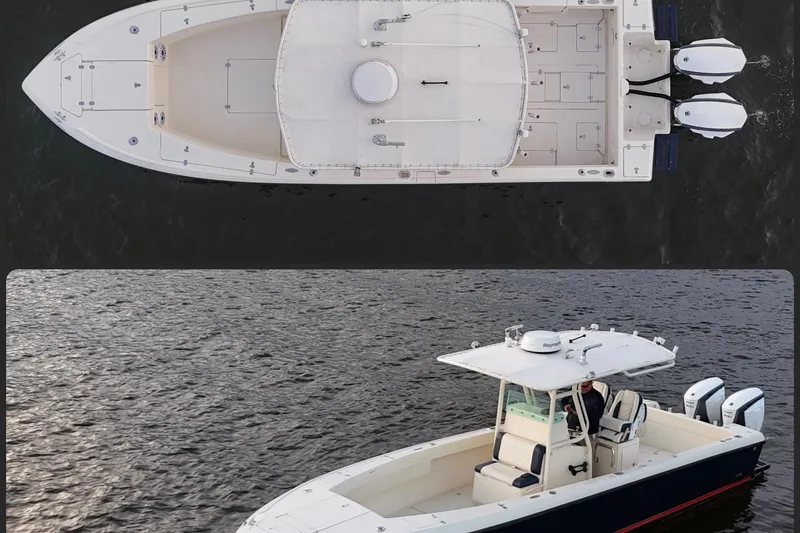 Slide: The Image of 2003 Intrepid 289 Center Console boat, aerial and side view, on water. - 16