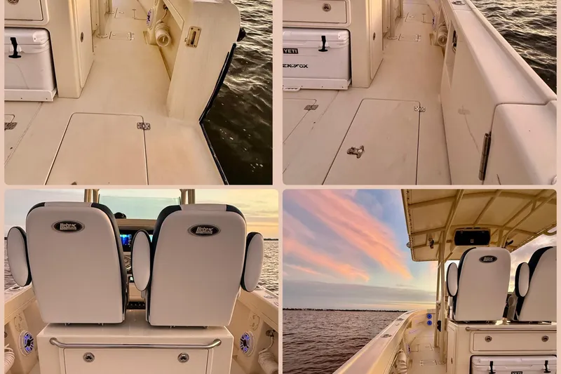 Slide: The Image of 2003 Intrepid 289 Center Console boat interior and exterior views at sunset on the water. - 31