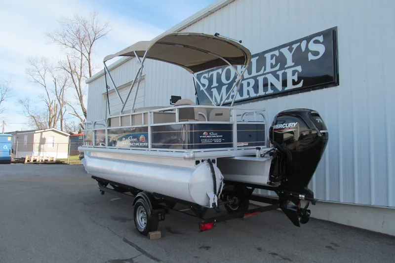 Slide: The Image of 2024 Sun Tracker Bass Buggy 18 DLX pontoon boat at Stokley's Marine. - 2