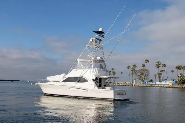 Slide: The Image of 2003 Riviera 4700 Sport Yacht cruising near palm-lined shore under blue sky. - 2