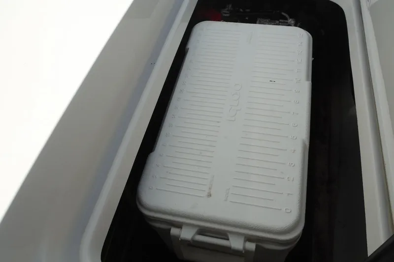 Slide: The Image of White Igloo cooler stored in 2021 Sea Ray SPX 190 Outboard compartment. - 27