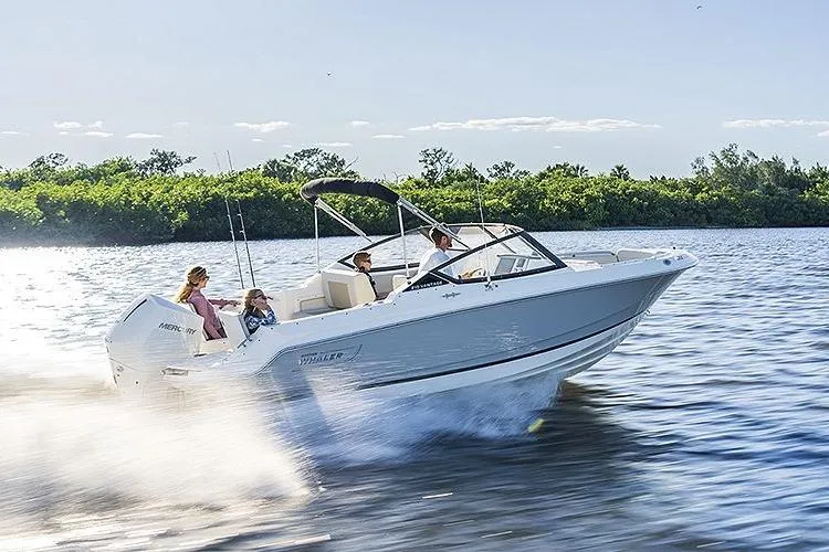 Slide: The Image of 2024 Boston Whaler 210 Vantage cruising on a sunny day with passengers enjoying the ride. - 13