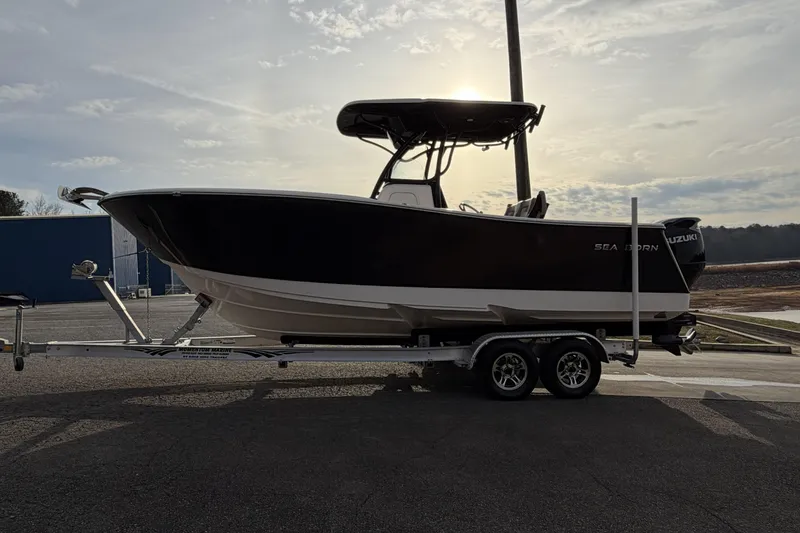 Slide: The Image of 2024 Sea Born SX239 Offshore boat on trailer under cloudy sky. - 4