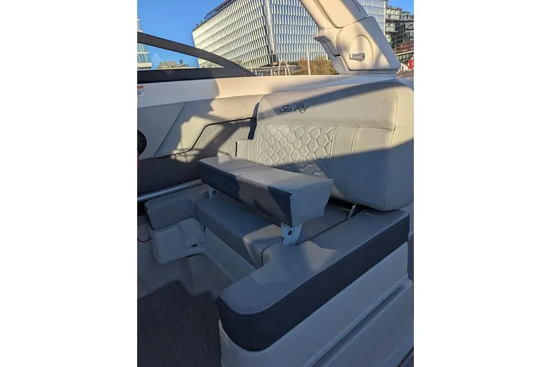 Slide: The Image of 2021 Sea Ray SDX 270 Outboard interior seating with elegant design and comfortable upholstery. - 33
