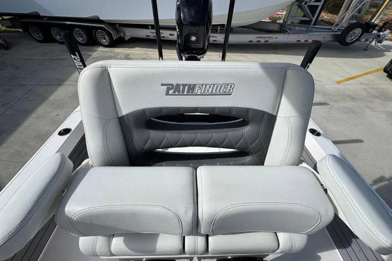 Slide: The Image of 2023 Pathfinder 2500 Hybrid boat seat with logo, featuring sleek design and comfortable cushioning. - 28