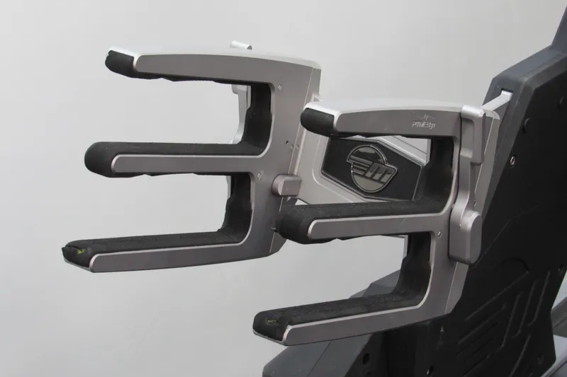Slide: The Image of 2021 Malibu Wakesetter 24 MXZ wakeboard rack, silver and black, close-up view. - 16