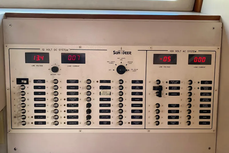 Slide: The Image of Electrical control panel of a 1995 Sundeer 56, displaying voltage and current readings. - 12
