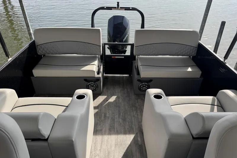 Slide: The Image of Interior of 2022 Crest Classic Platinum 220 SLRC pontoon boat with comfortable seating. - 13