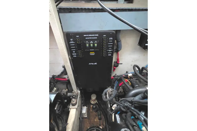 Slide: The Image of Engine compartment of 2007 Sea Ray 340 Sundancer with main DC breaker panel. - 39