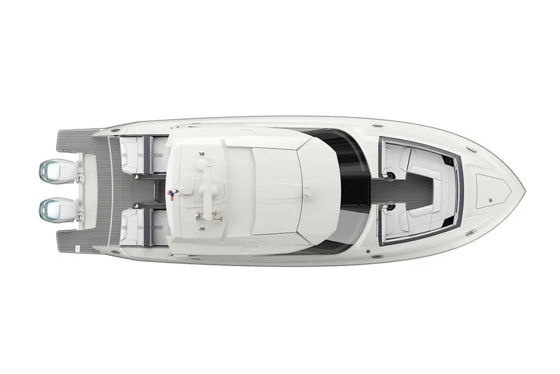 Slide: The Image of 2022 Tiara Yachts 34 LX interior with covered seating and waterfront view. - 56