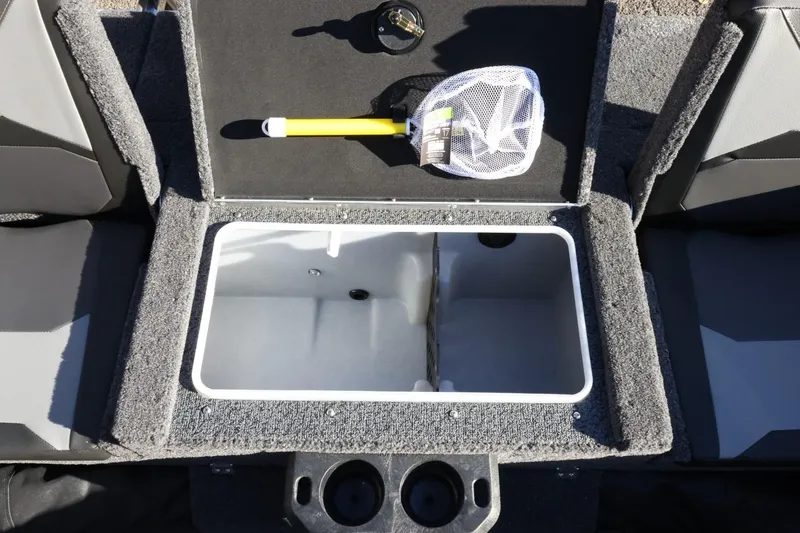 Slide: The Image of 2026 Lund 1875 Crossover XS boat interior storage compartment with accessories. - 43