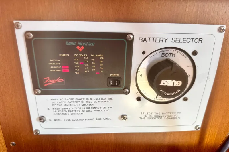 Slide: The Image of Battery selector panel on a 1995 Catalina 320 sailboat with voltage and amperage indicators. - 14