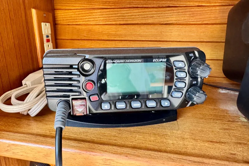Slide: The Image of Standard Horizon Eclipse radio on Catalina 320 yacht, 1995 model, wooden interior. - 17