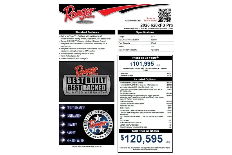 Slide: The Image of 2026 Ranger 620xFS Pro boat specifications and pricing details, featuring advanced features and warranty. - 30