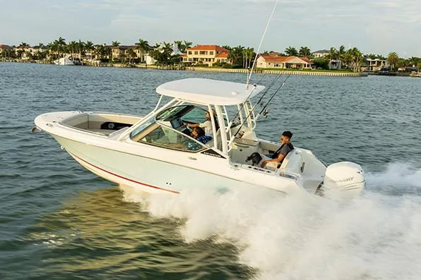 The Image of 2023 Boston Whaler 240 Vantage boat on display, surrounded by palm trees. - 0