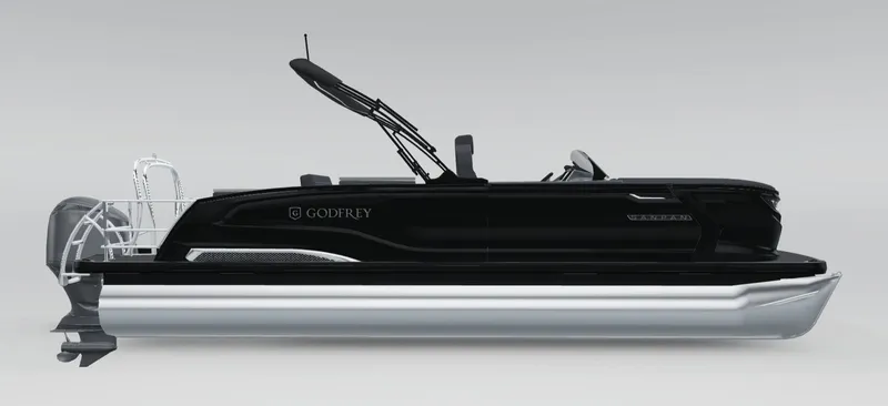 The Image of San Pan 2500MTF 2026 pontoon boat on trailer, side view. - 1