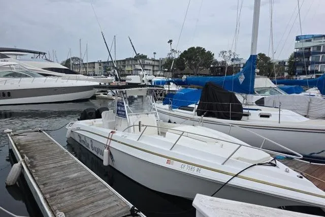 Slide: The Image of 2004 Fountain 31 Tournament Edition boat docked in a marina with other vessels. - 3