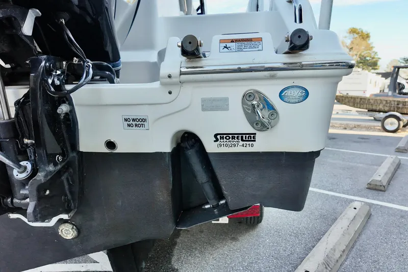Slide: The Image of 2022 Sea Fox 288 Commander boat stern with "No Wood! No Rot!" sticker and Shoreline Marine contact. - 7