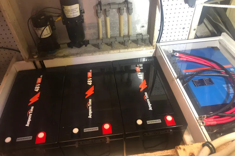 Slide: The Image of Electrical setup with Ampere Time 48V batteries and inverter in 1999 Caliber 40LRC. - 53