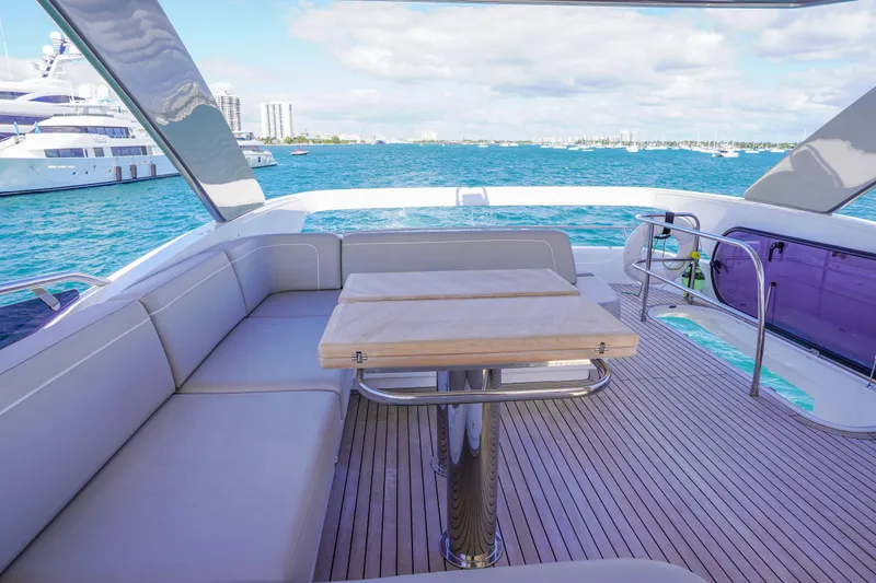 Slide: The Image of Luxurious 2022 Princess F62 yacht deck with seating, overlooking serene blue waters. - 51