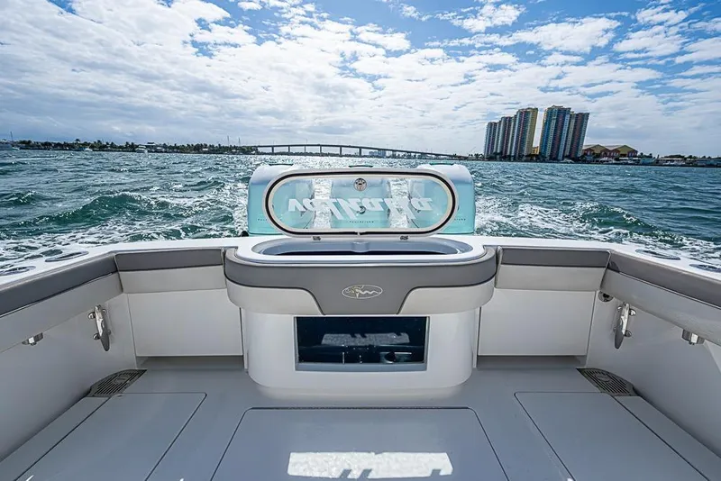 Slide: The Image of 2020 Valhalla Boatworks V-37 on water, featuring triple outboard engines. - 28