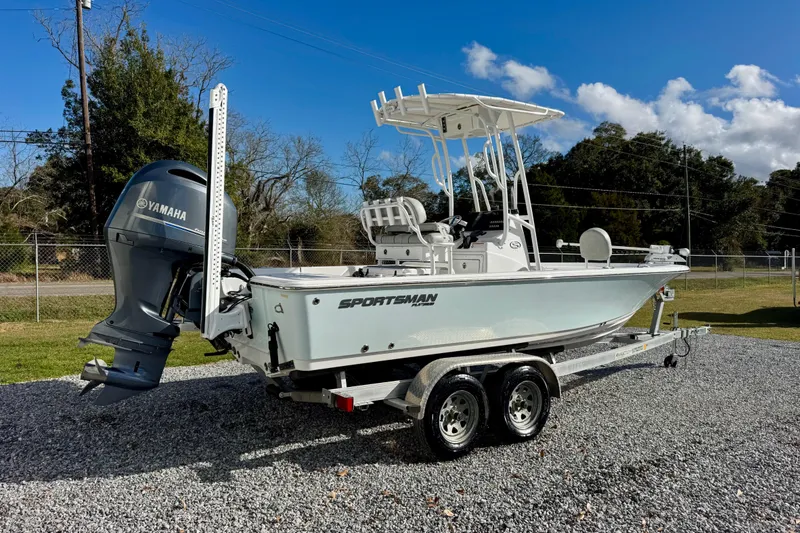 Slide: The Image of 2020 Sportsman Masters 207 Bay Boat on trailer with Yamaha outboard motor. - 3