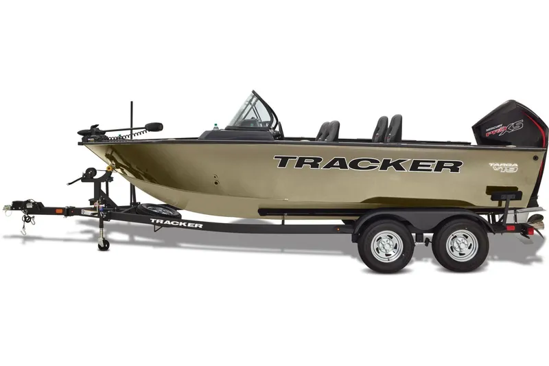 Slide: The Image of 2026 Tracker Targa V-19 WT boat on trailer, parked on roadside. - 4