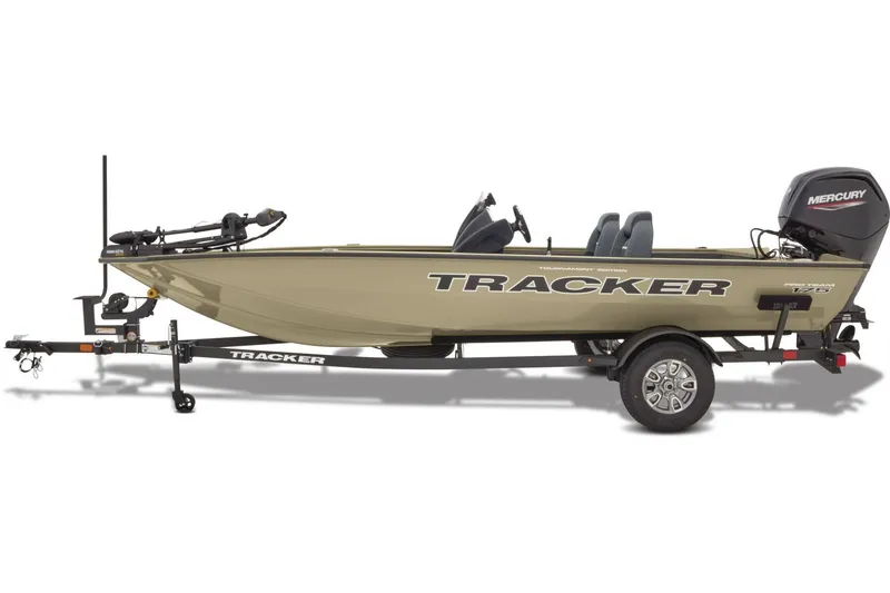 Slide: The Image of 2026 Tracker Pro Team 175 boat deck with Mercury engine, outdoor display. - 5
