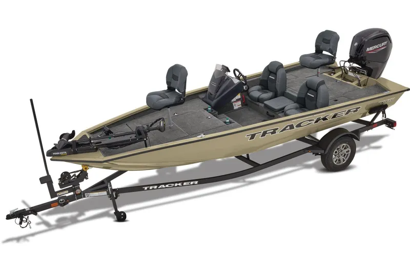 The Image of 2026 Tracker Pro Team 175 boat displayed in showroom with seating and motor. - 0