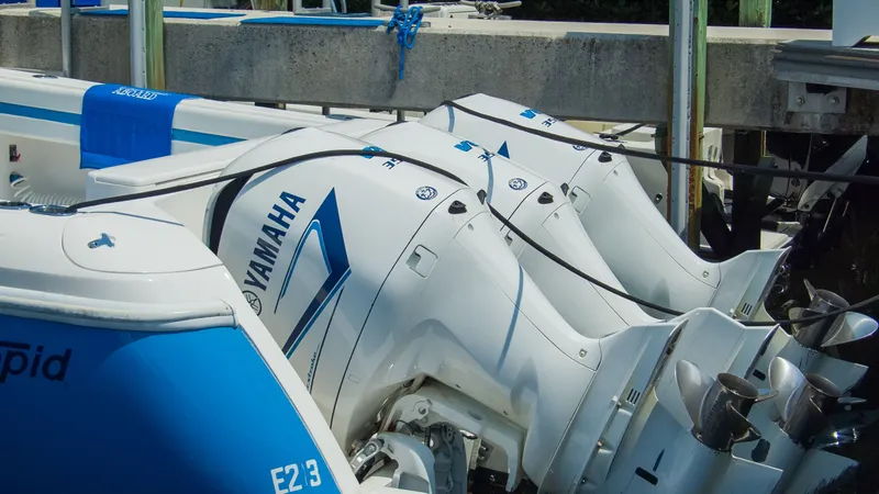 Slide: The Image of Intrepid 400 Cuddy 2017 with Yamaha outboard motors at dock. - 33