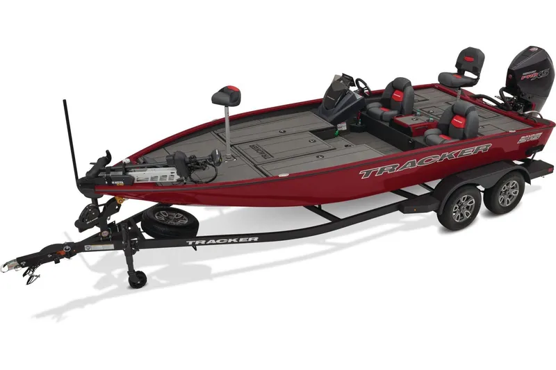 The Image of Manufacturer Provided Image: 2026 Tracker Savage 215 fishing boat on trailer, red and black design, equipped with motor. - 1
