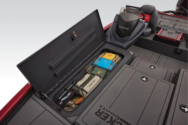 Slide: The Image of Manufacturer Provided Image: 2026 Tracker Savage 215 boat storage compartment with organized fishing gear and equipment. - 21